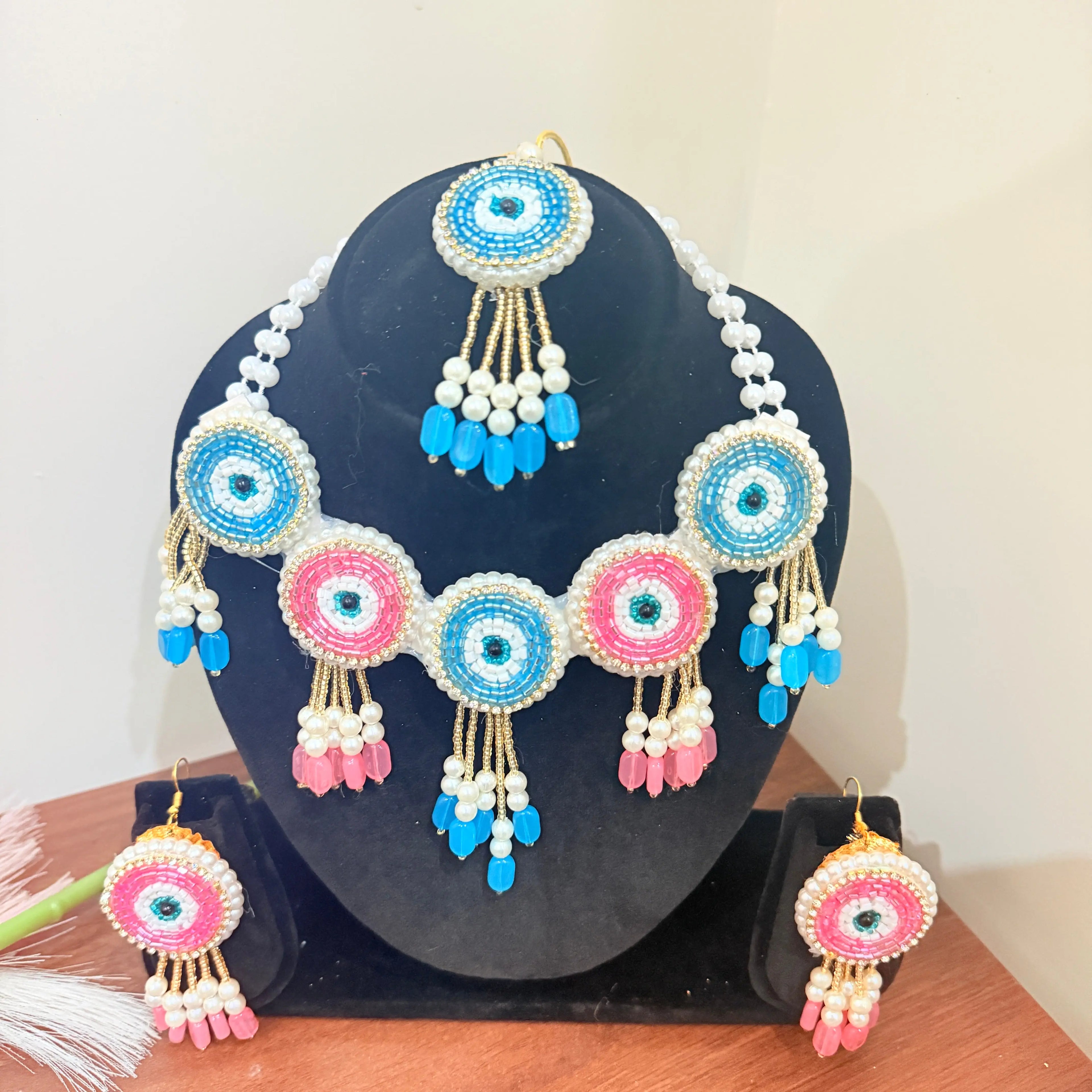 Blue & Pink Beaded Haldi Bridal Jewellery Set 💙🌸 | Handmade Pearl Jewellery for Bride 👰✨ Shadispecial.com - All Rights Reserved