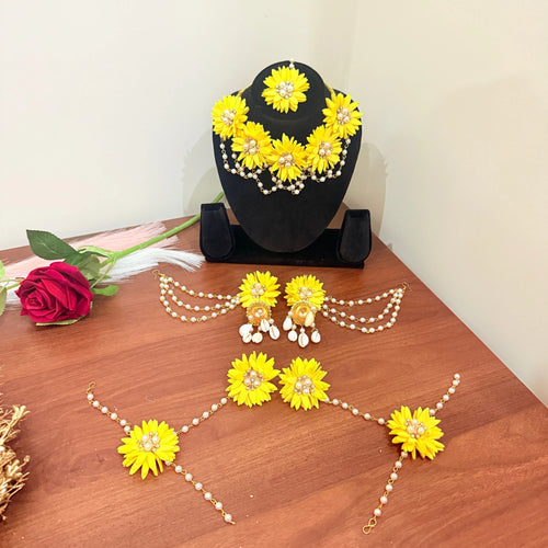 🌻✨ Handcrafted Yellow Sunflower Bridal Jewellery Set | Haldi & Mehndi Accessories 💛 Shadispecial.com - All Rights Reserved