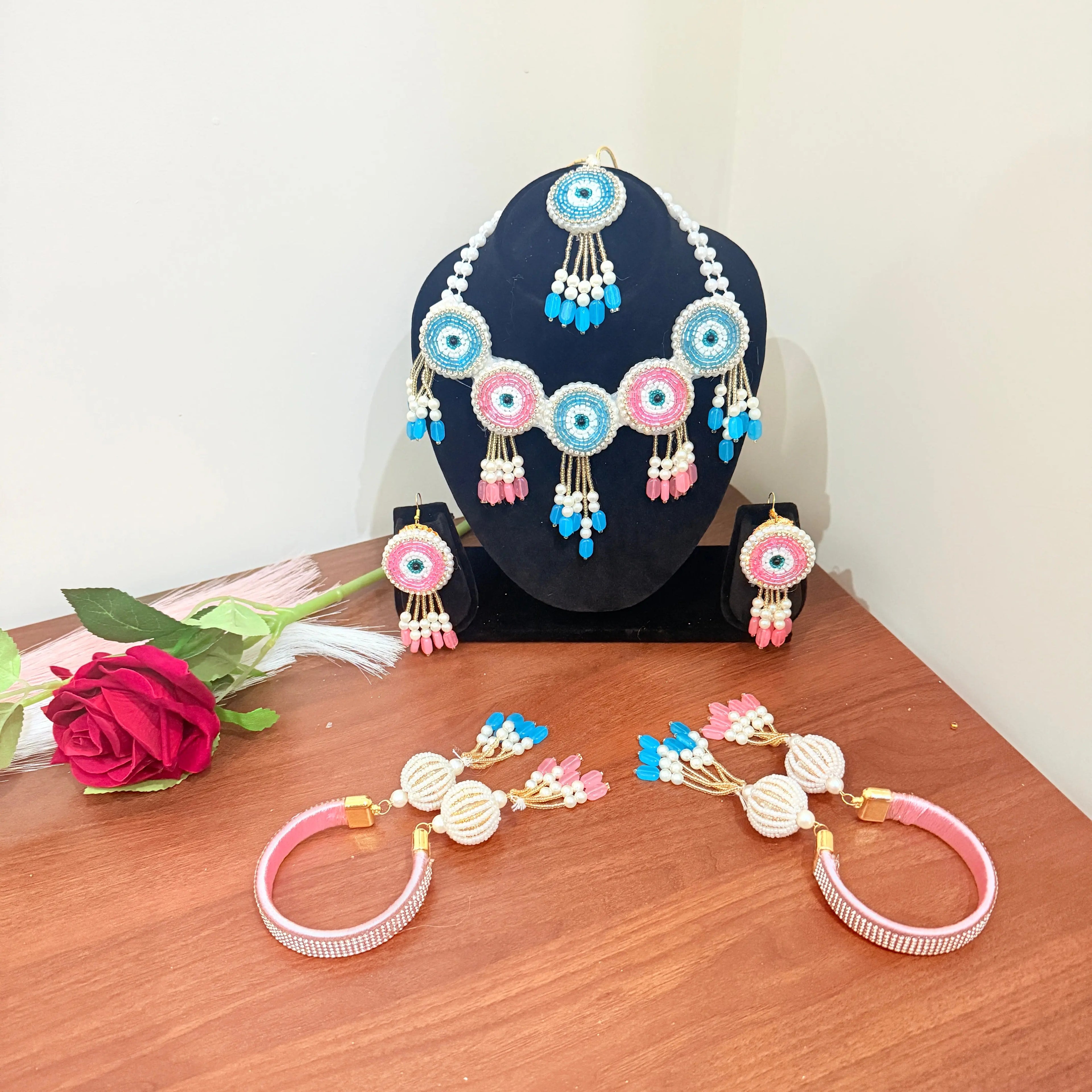 Blue & Pink Beaded Haldi Bridal Jewellery Set 💙🌸 | Handmade Pearl Jewellery for Bride 👰✨ Shadispecial.com - All Rights Reserved